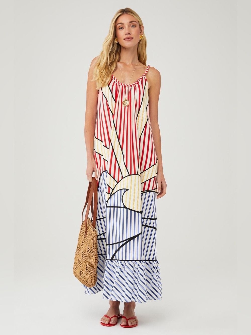 FARM RIO NAVY STRIPES OFF-WHITE MAXI DRESS